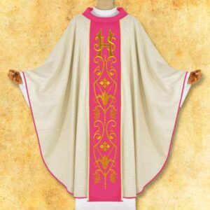 Chasuble with embroidered pink belt