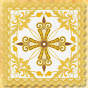 The pall is richly embroidered with golden thread